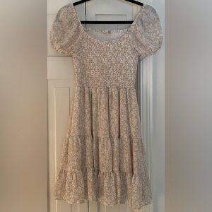 Altar'd State Cream Tan Puff Sleeve Ruffled Midi Dress
